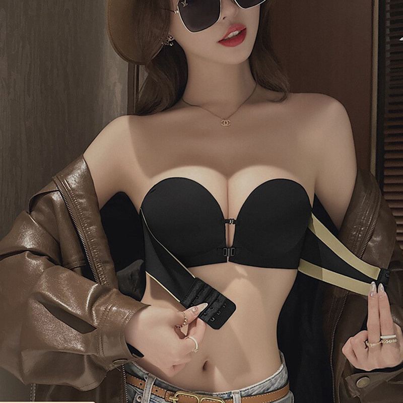 无肩带前a扣内衣女小胸聚拢显大防滑不掉隐形裹胸抹胸美背文胸夏