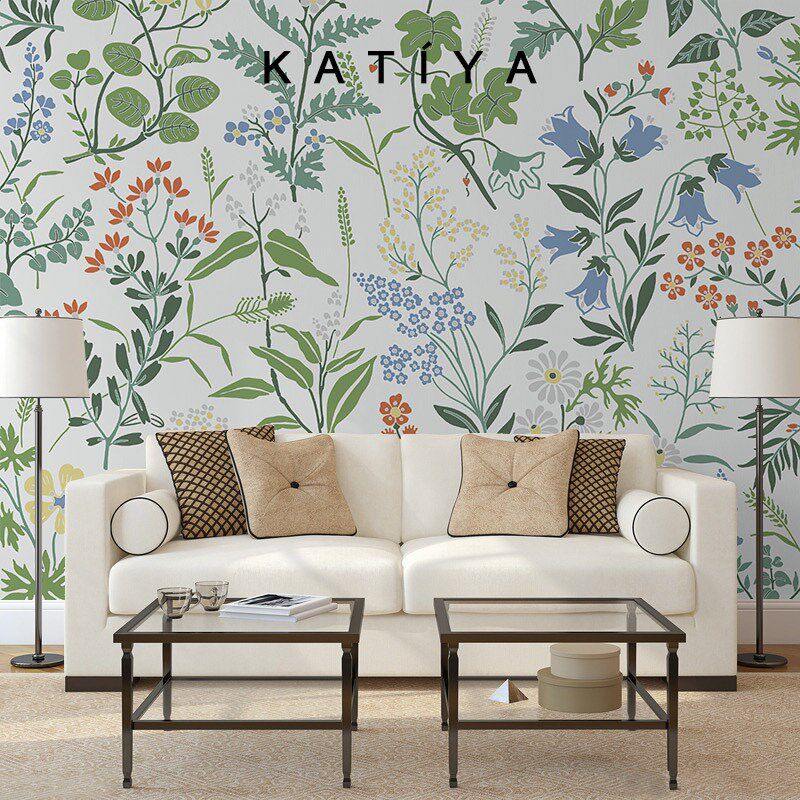 Katiyca美式风格花草墙布装饰手绘壁纸电视背景墙卧室客厅定制壁