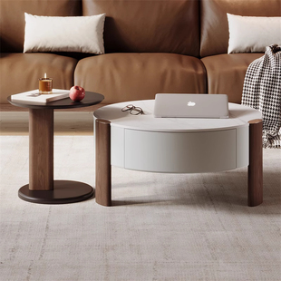 顾家家居实木家用客厅简约岩板中古风茶几可收纳储物边几角几组合