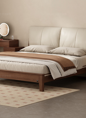 顾家家居实木中古风胡桃木全实木床主卧大床软包靠背1.8m双人床