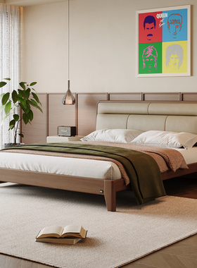 顾家家居顾家木艺全实木床原木风主卧真皮床樱桃木双人头层牛皮床