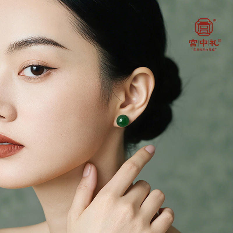 天然绿玉髓玛瑙纯银养耳洞银耳钉女款2025新款国风新中式绿色耳饰
