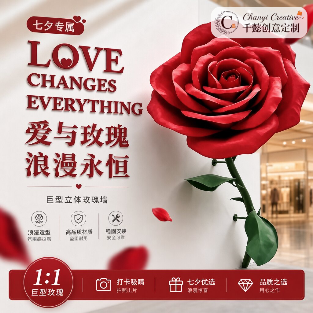 七夕巨型立体红玫瑰打卡美陈