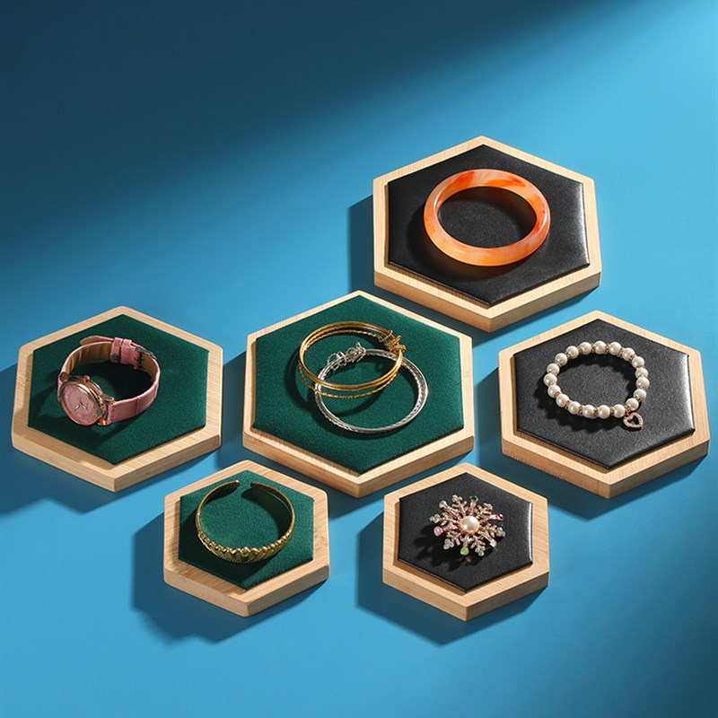 竹木饰品展示台三件套创意六边形首饰展示盘珠宝陈列摆放置物架托