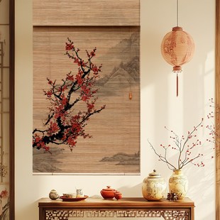 竹帘卷帘窗帘茶室印花挂画帘书房背景装 中式 饰帘阳台遮光遮阳帘子