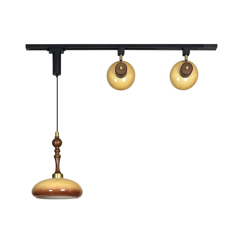 中古风饭厅可移位轨道吊灯覆古法式奶油风吧台柿子玻璃胡桃色灯具