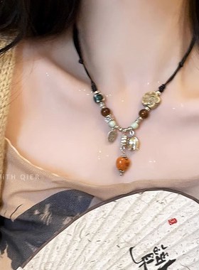天然石陶瓷吊坠项链女款小众设计感高级学生配饰复古民族风卫衣链
