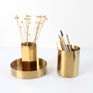 初见 北欧黄铜金色六边形笔筒插花瓶装饰物摄影道具金属桌面摆件