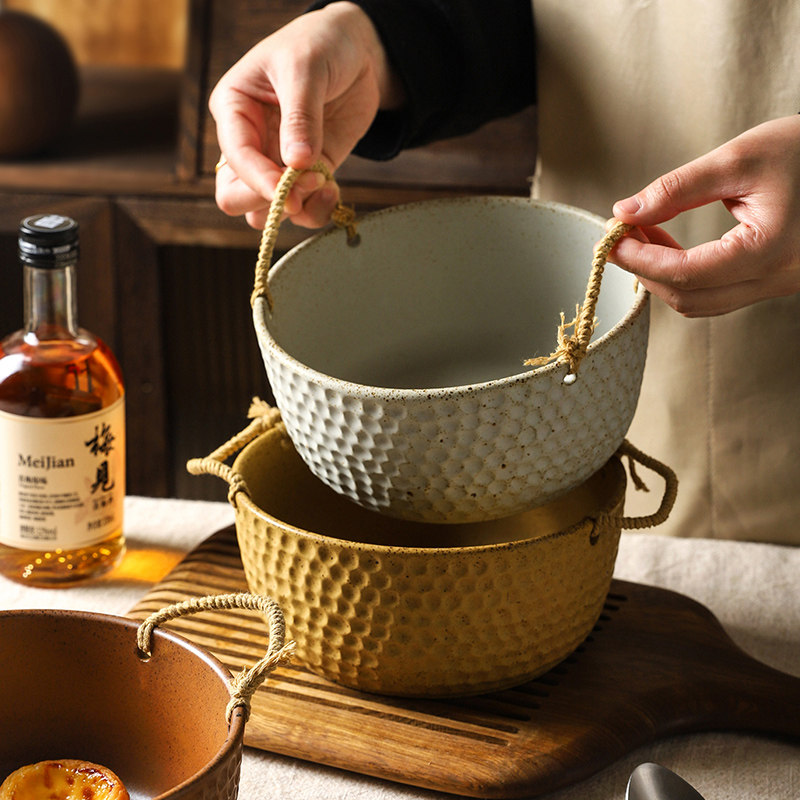 舍里高级感餐厅用餐具麻绳双耳粗陶面碗家用大容量汤碗水果沙拉碗,餐饮具,碗,淘宝优惠券,粉丝福利购,淘宝优惠卷