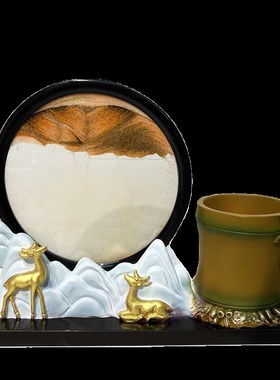 书房福鹿流沙画摆件沙漏笔筒文具收纳摆设茶室办公室桌面装饰品