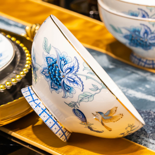 高骨骨瓷餐具陶瓷碗米饭碗吃饭碗 组合 家用欧式 高端描金碗盘套装
