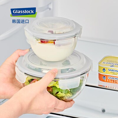 glasslock进口耐热钢化玻璃碗微波炉加热饭碗辅食保鲜盒小号380ml