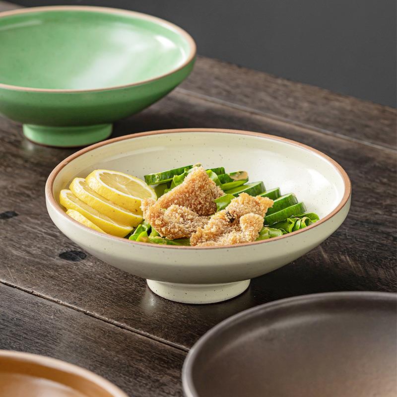 玖田烧粗陶盘子高脚拌面碗特色餐厅菜盘商用酒店餐具日式拉面汤碗