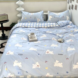 月光巴士可爱卡通1.5m1.8米z床上四件套100全棉小兔兔被套床单
