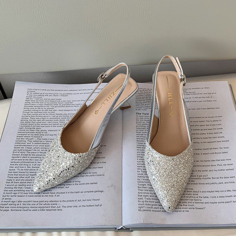 高跟鞋宽胖脚大码女鞋41到43包头凉鞋一字M带新款亮片后空气质单