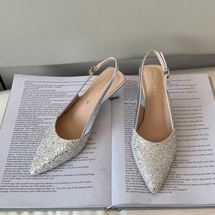 高跟鞋宽胖脚大码女鞋41到43包头凉鞋一字M带新款亮片后空气质单