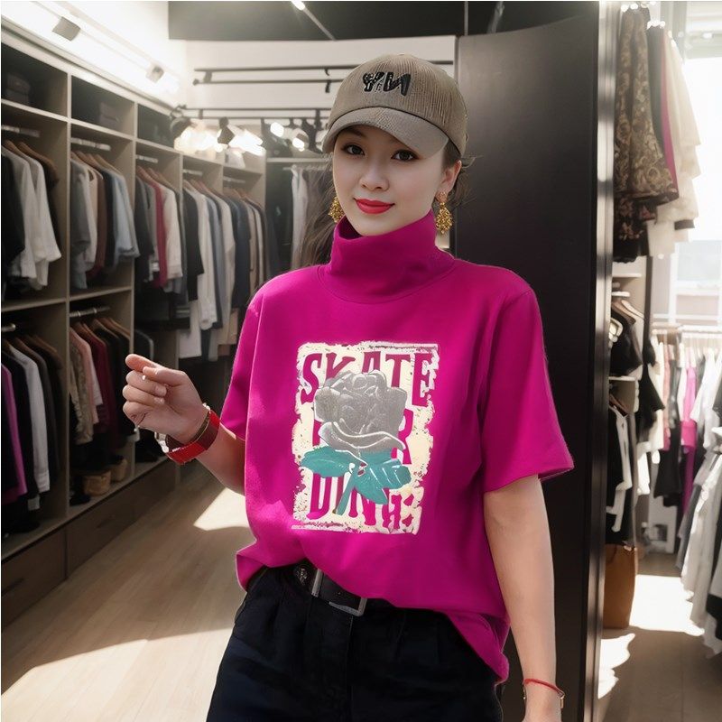 高领T恤女夏季新款o个性显瘦潮流网红气休闲玫瑰印花女打底衫