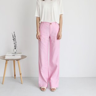 新款中腰显瘦纯亚麻垂感休闲阔腿长裤甩裤小微啦R拖地加长女裤大