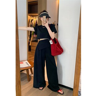 爱情魔鬼鱼 灰色套装女o2025年夏季新款短款T恤设计感阔腿裤两件