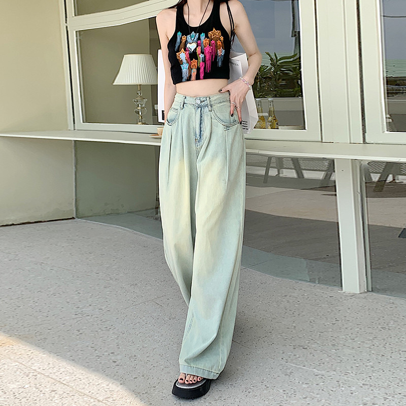 梨型身材做旧阔腿裤女夏装小矮个子显高搭配垂感宽松W牛仔直筒长