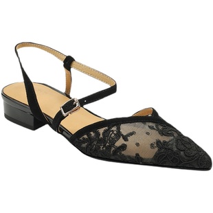 2023夏季新款镂空透气网纱粗跟法式F尖头一字扣包头凉鞋女平底单