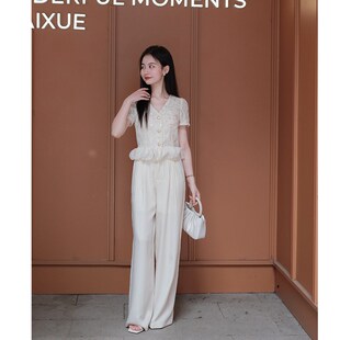 【冷萃白b玫】小娜椒小个子时髦设计感花瓣拼接阔腿裤气质套装女