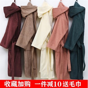睡袍 纯棉浴袍成人毛巾料秋冬厚v浴衣酒店带帽男女全棉吸水长款
