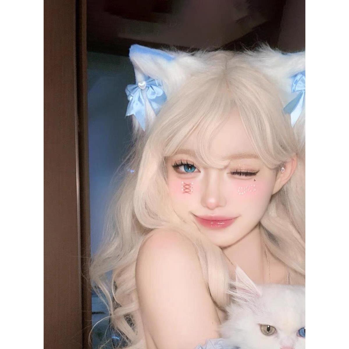 蓝色猫耳朵头饰女甜美Lolt夹a漫展女i仆发cos发FOS毛绒猫娘兽耳饰
