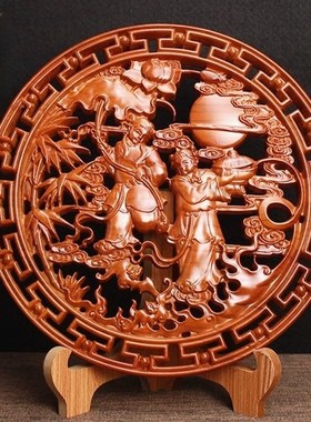 桃木和合二圣摆件家居客厅家用y婚房挂件卧室木雕结婚送礼摆设礼