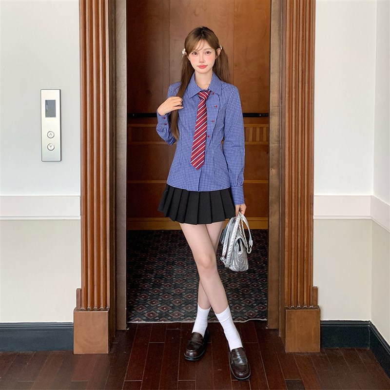 东京岁时记jk秋季新款设计感长袖格子衬衫小个子S撞色斜纽扣衬衣