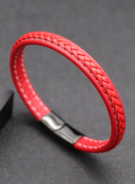 简约民族风本命年红色皮绳手链送男女朋友手环窄R款礼物手镯可刻