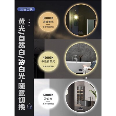 卫生间圆形带灯智能浴室镜触屏防雾Cled灯洗手台发光感应化妆圆镜
