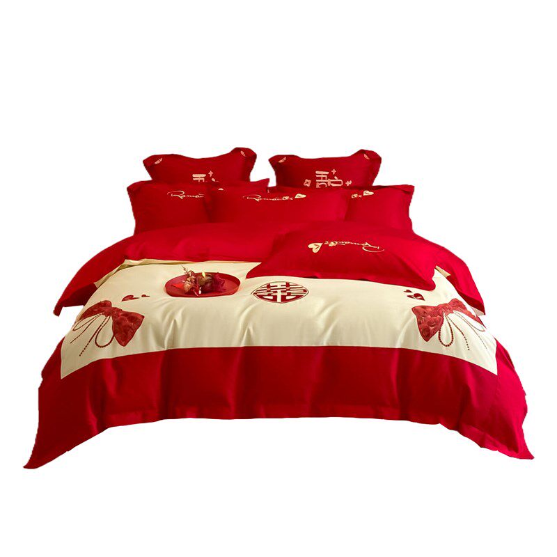 100支长绒棉婚庆四件套全棉大红色F刺绣结新婚房喜庆床上用品4,床上用品,婚庆床品套件,淘宝优惠券,粉丝福利购,淘宝优惠卷