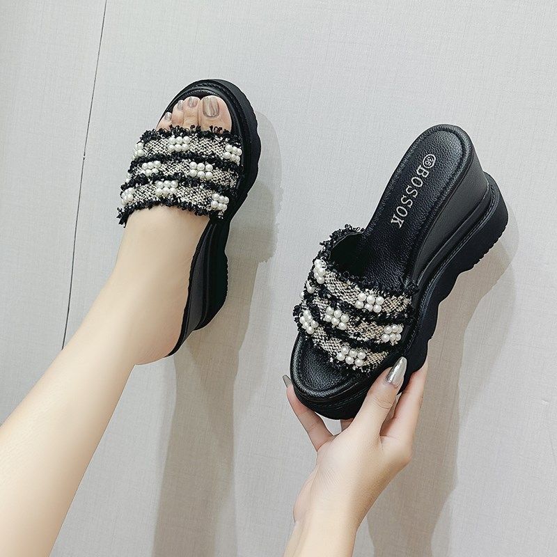 一字拖女夏季时尚松糕底超高v跟防水台外穿休闲沙滩凉拖鞋水钻拖,女鞋,一字拖,淘宝优惠券,粉丝福利购,淘宝优惠卷