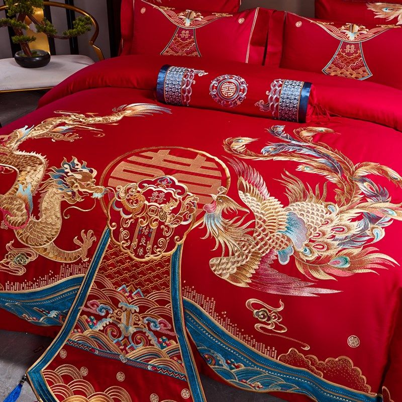 120支全棉婚庆四件套大红色y长绒棉龙凤刺绣结婚喜被床上用品4,床上用品,婚庆床品套件,淘宝优惠券,粉丝福利购,淘宝优惠卷