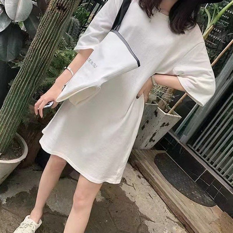 欧货大版中长款t恤女遮p屁股大码200斤高个子加长版T恤裙宽松洋气