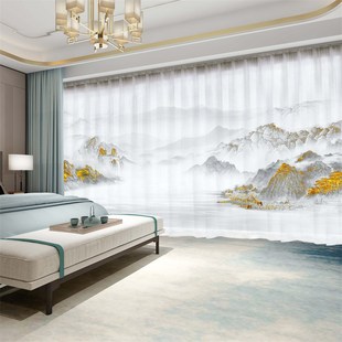 水墨山水画窗帘遮光2024新款 新中式 古风景客厅茶室遮挡隔断白纱帘