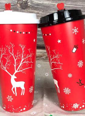 90口径红色纸杯子一次性奶茶杯500/700m圣诞新年热饮纸杯带盖商用