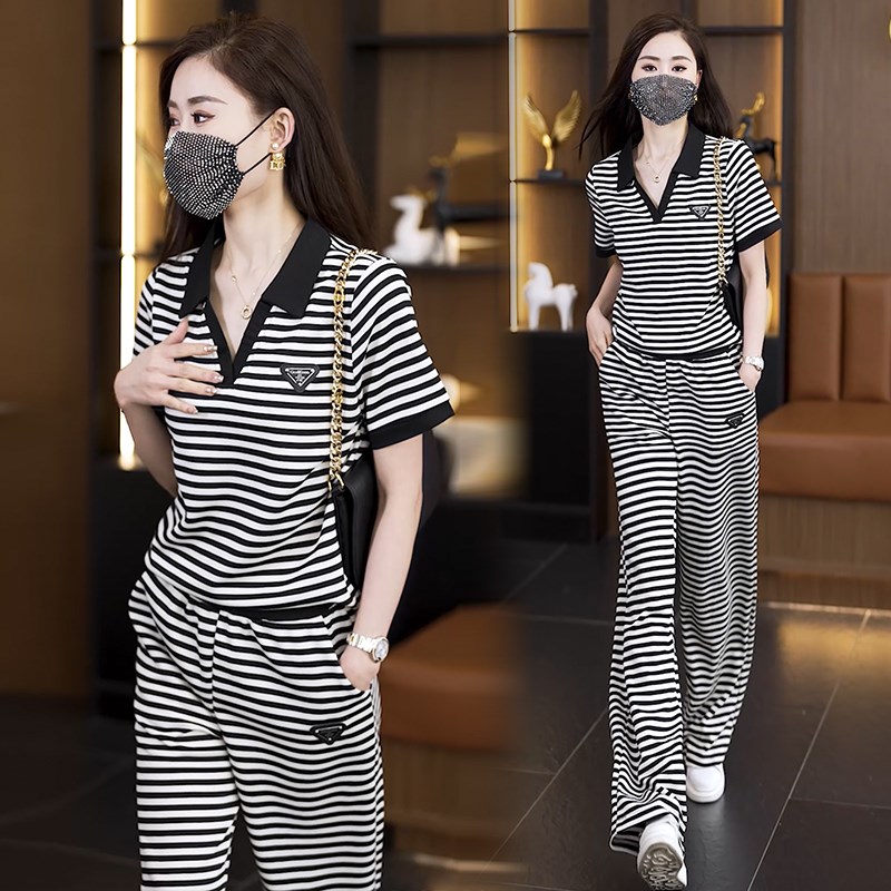 2025年夏季i新款时尚条纹宽松遮肉套装女高级设计感休闲运动两件