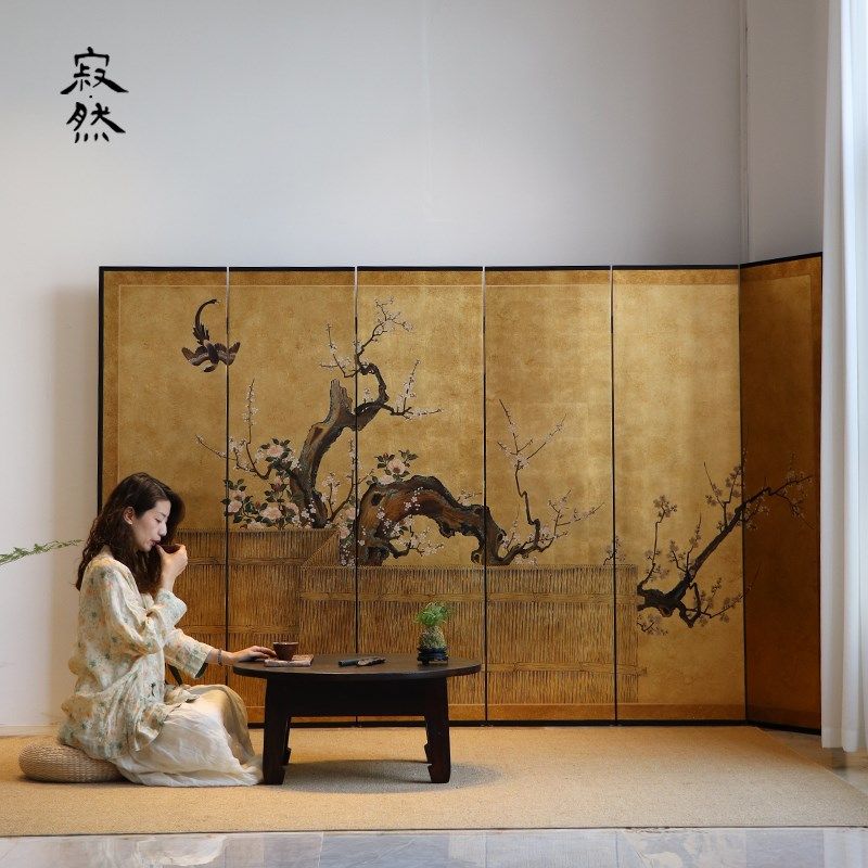 宋代美学金箔屏风隔m断中式手绘漆画日式客厅茶室侘寂风折屏定制