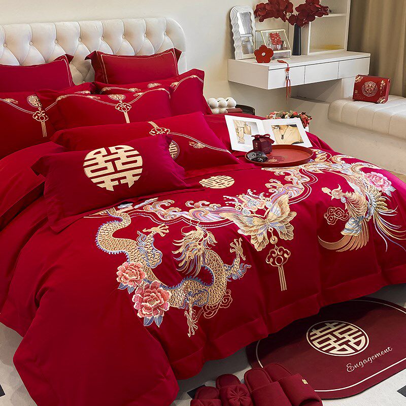 高档奢华婚庆四件套纯棉大红色中式龙凤刺绣被套全棉结婚床上用品,床上用品,婚庆床品套件,淘宝优惠券,粉丝福利购,淘宝优惠卷