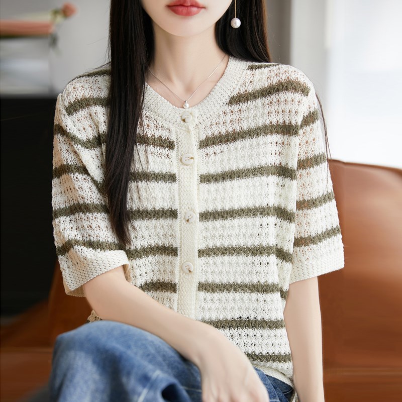 夏季拼色精纺羊毛针织短袖开衫女圆领条纹上衣宽松显瘦半袖打底衫