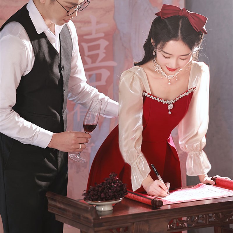 敬酒服平时可穿新娘红色小个子订婚连衣裙在逃公主回门礼服女宴会图片