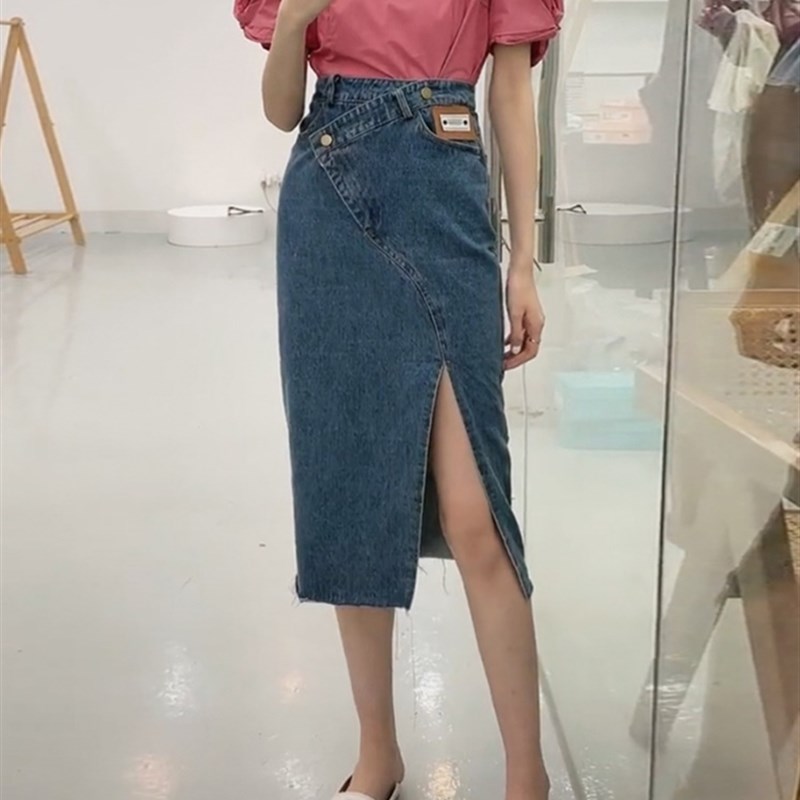侧开叉牛仔半身裙女夏季2021半身裙