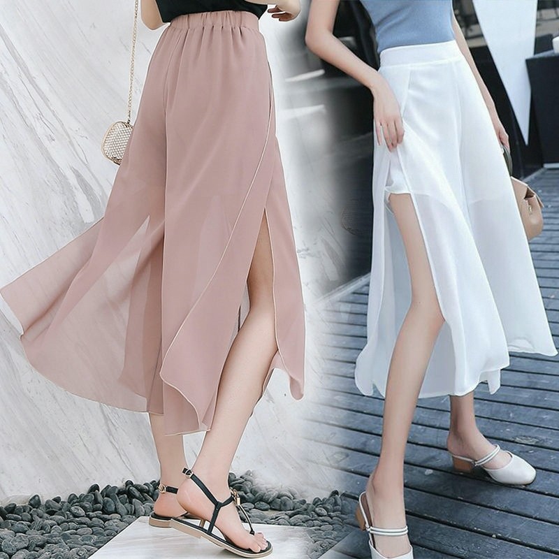开叉阔腿裤女夏雪纺七分裤裙韩版九分薄款高腰侧开衩垂感网纱裤子