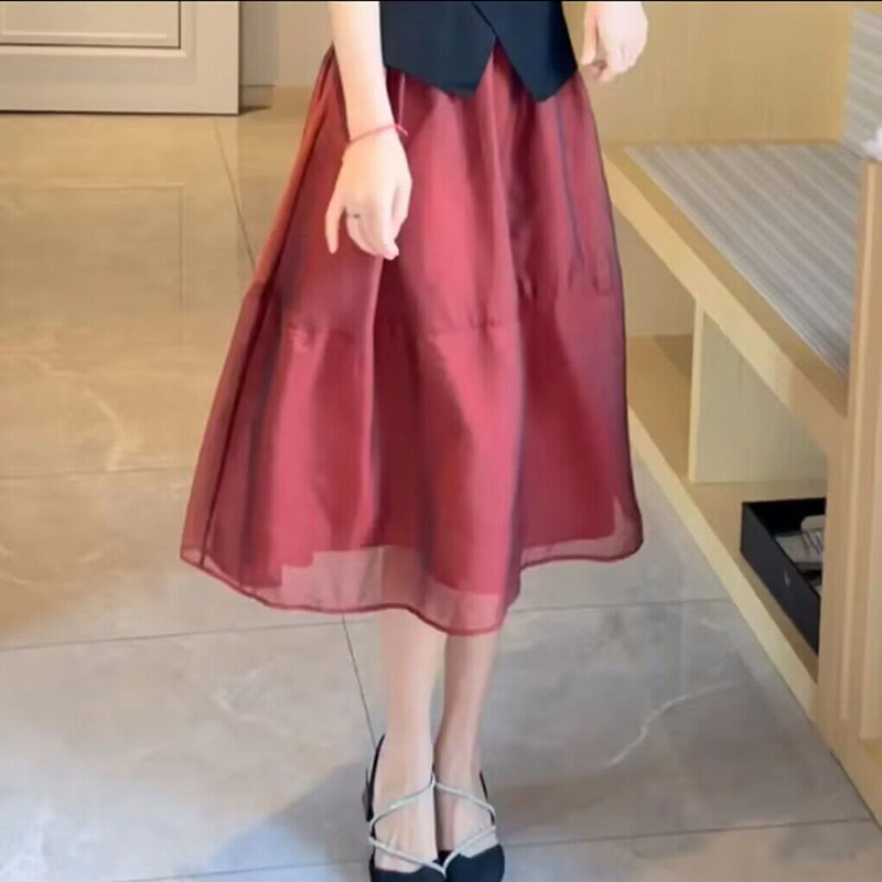 网纱半身裙女夏季2024新款韩版a字裙高腰高级感包臀裙大摆中长款