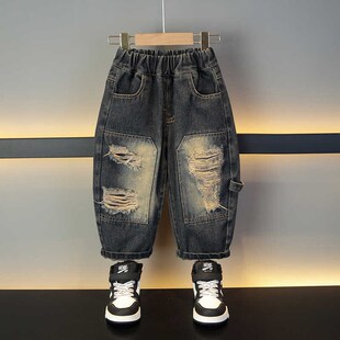 洋气儿童裤 新款 子宝宝秋装 炸街韩版 男童破洞牛仔裤 长裤 2024春秋季