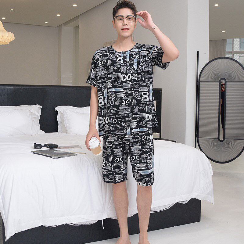 中年男夏棉绸宽松薄款空调睡衣短袖短裤圆领套装人造棉绵绸家居服