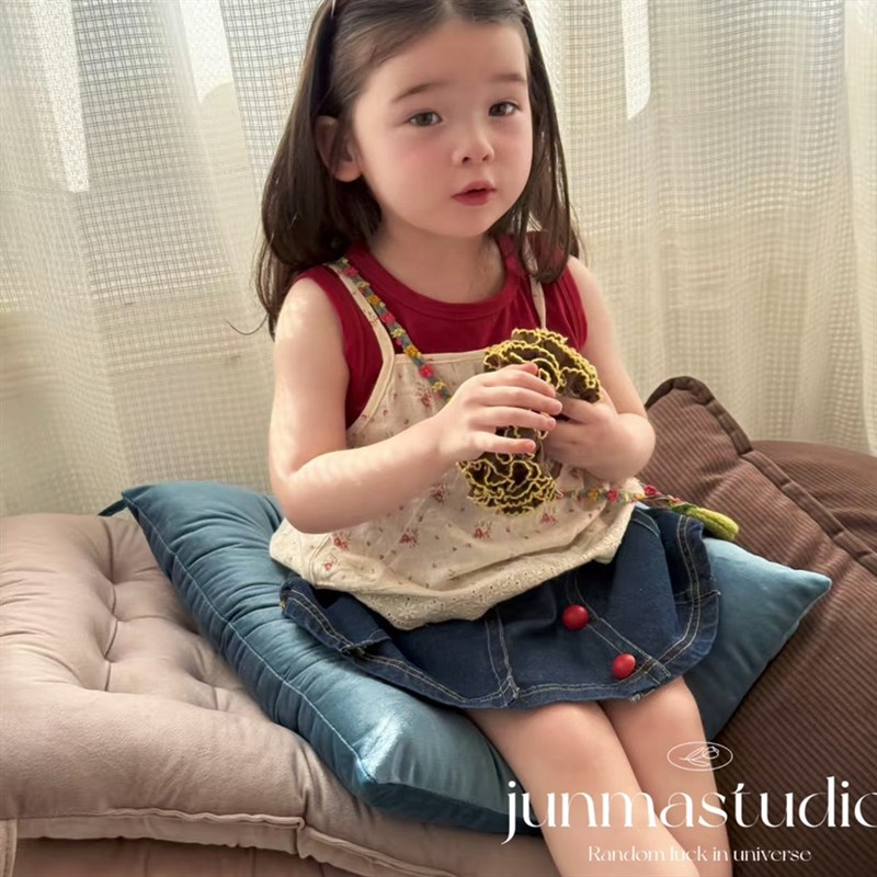 opao童装女童宝宝儿童夏装高级感穿搭娃娃衫背心两件套装牛仔短裙