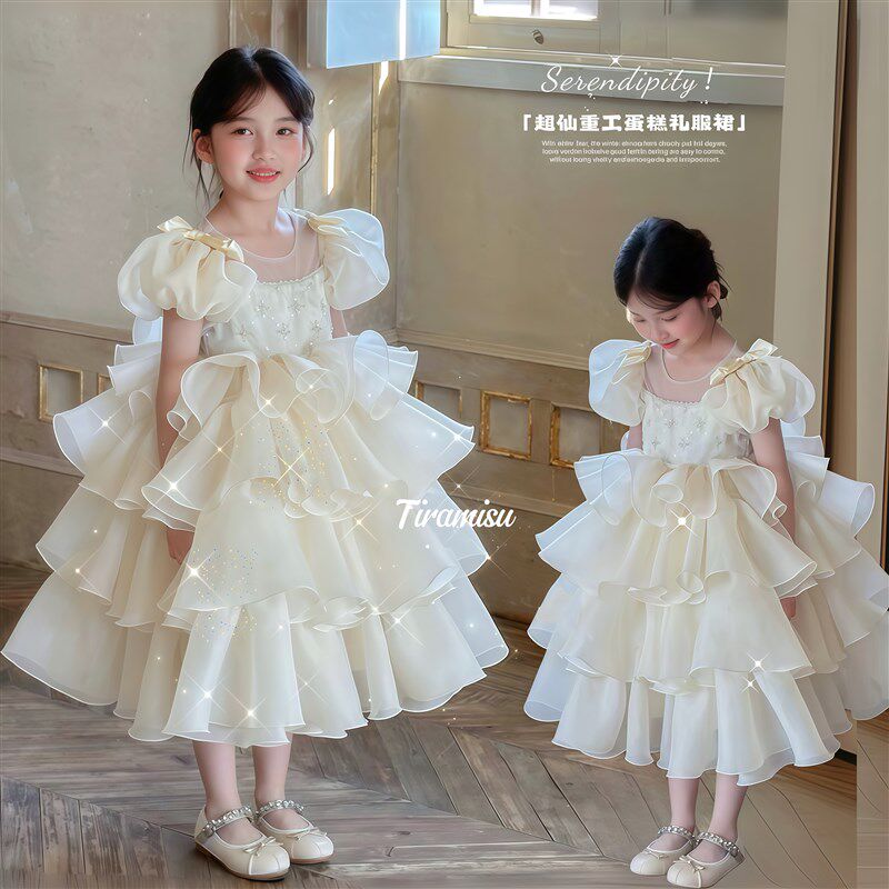 高端女童连衣裙夏季儿童轻奢礼服白色蓬蓬裙小女孩重工生日公主裙